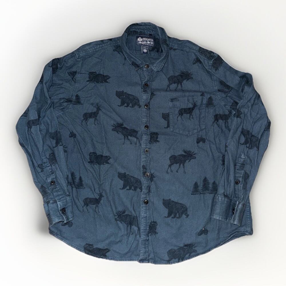 American Rag Shirt Mens 2XL Animal Teal Button Up Long Sleeve Flannel 25x28